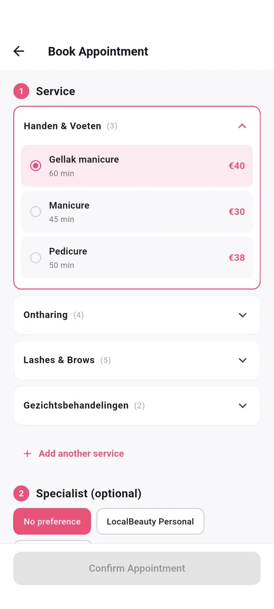 LocalBeautys app — Pick a day and time