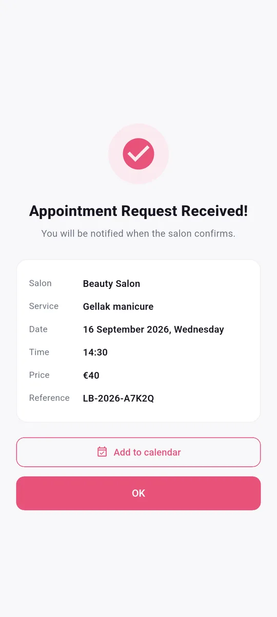 LocalBeautys app — Appointment requested
