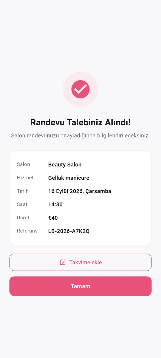 LocalBeautys app — Randevu talebi alındı